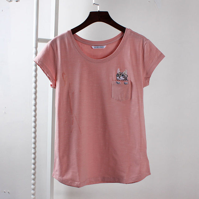 Women Cotton Harajuku Tops Sweet Pocket Cat Tee Shirt