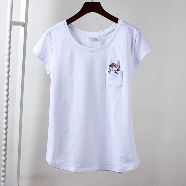 Women Cotton Harajuku Tops Sweet Pocket Cat Tee Shirt