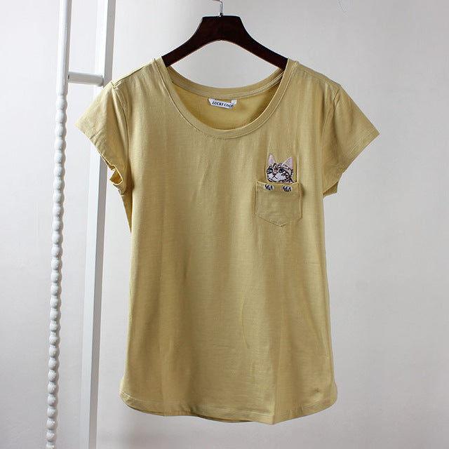 Women Cotton Harajuku Tops Sweet Pocket Cat Tee Shirt