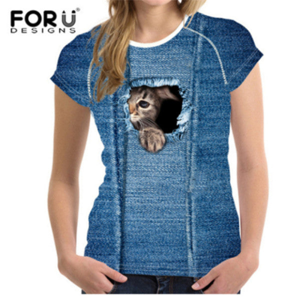 Cute 3D Animal Denim Cat T Shirt for Women