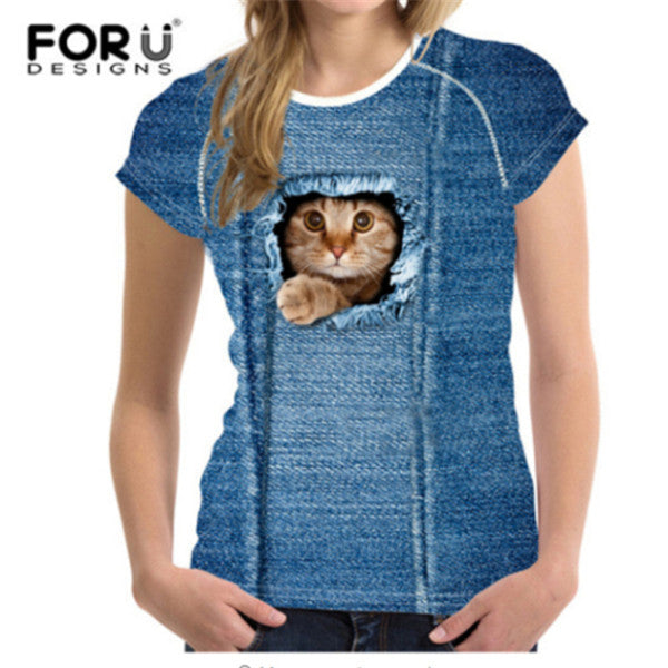 Cute 3D Animal Denim Cat T Shirt for Women