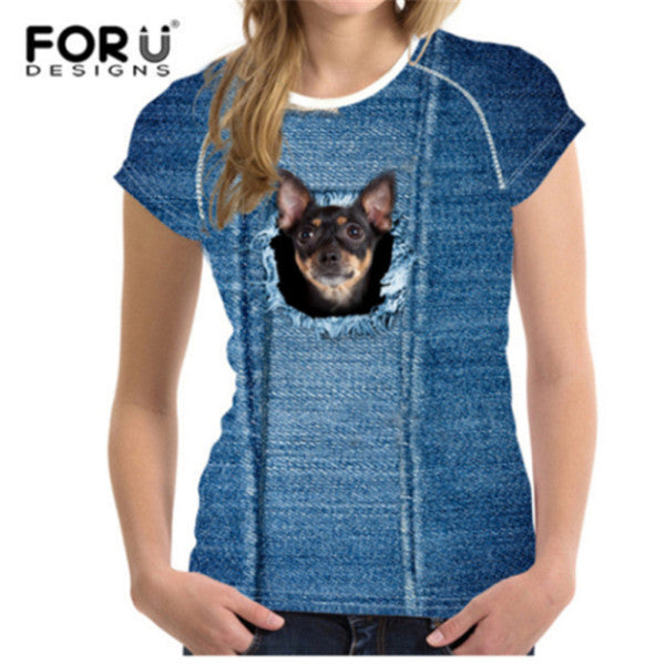 Cute 3D Animal Denim Cat T Shirt for Women