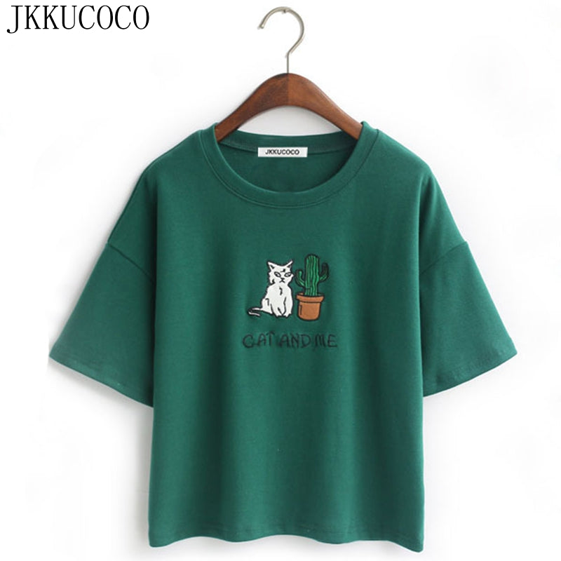 Embroidery Cat Cactus casual t shirt