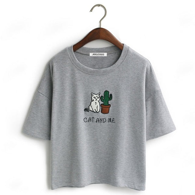 Embroidery Cat Cactus casual t shirt