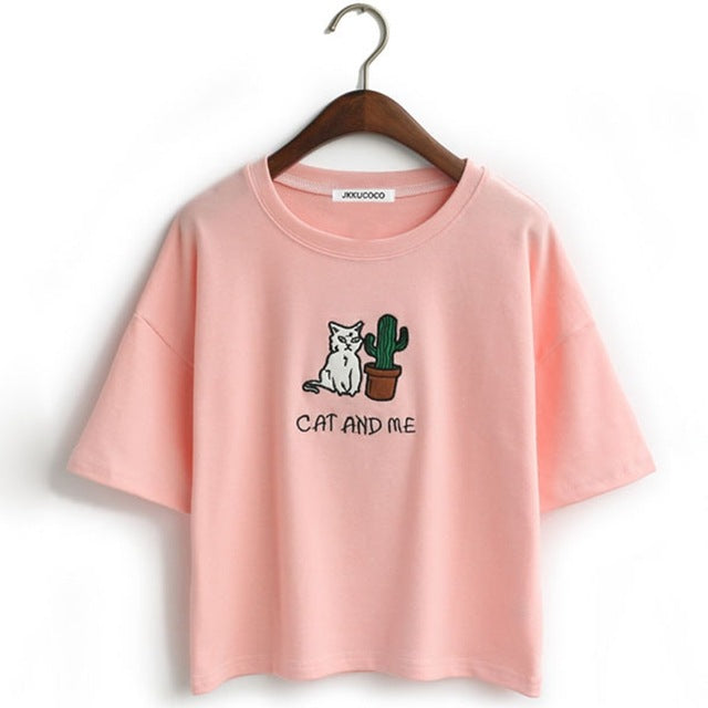 Embroidery Cat Cactus casual t shirt