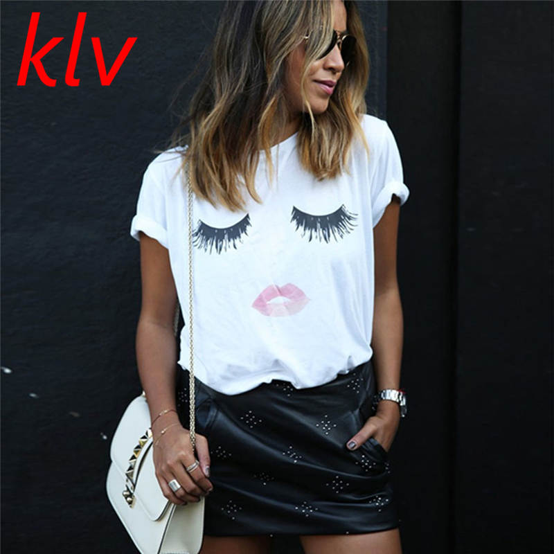Eyelash Red Lips Print Originality O-Neck Short Sleeve T-shirt