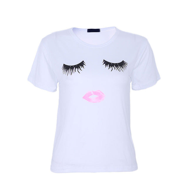 Eyelash Red Lips Print Originality O-Neck Short Sleeve T-shirt