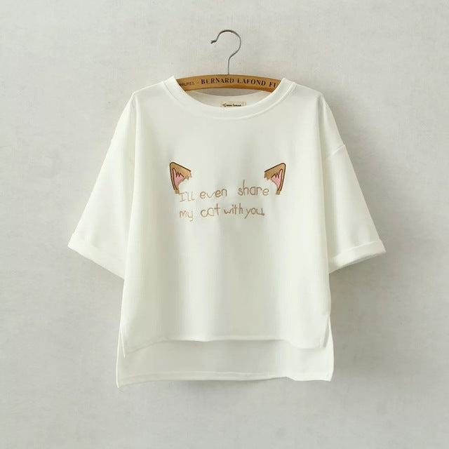 Cartoon Cute Cats Ears Embroidered Tops Tees