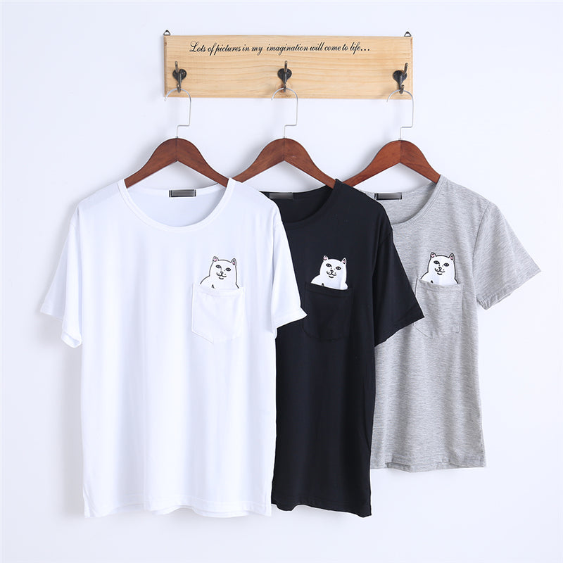 Popsocket Casual Short Sleeve O-neck Pocket Cat Print T-shirt