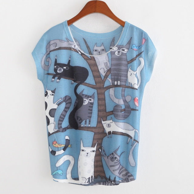 Blue Short Sleeved T-shirt Cat Family Digital Printing T Shirt