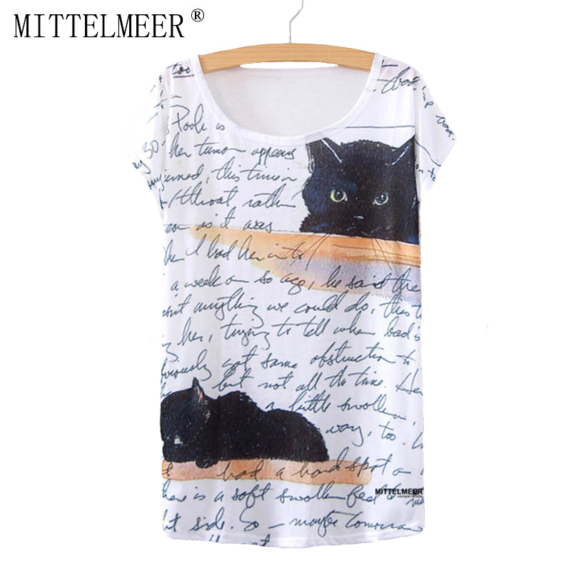 Short Sleeve t-shirt o-neck Causal loose print Black Cat t shirt