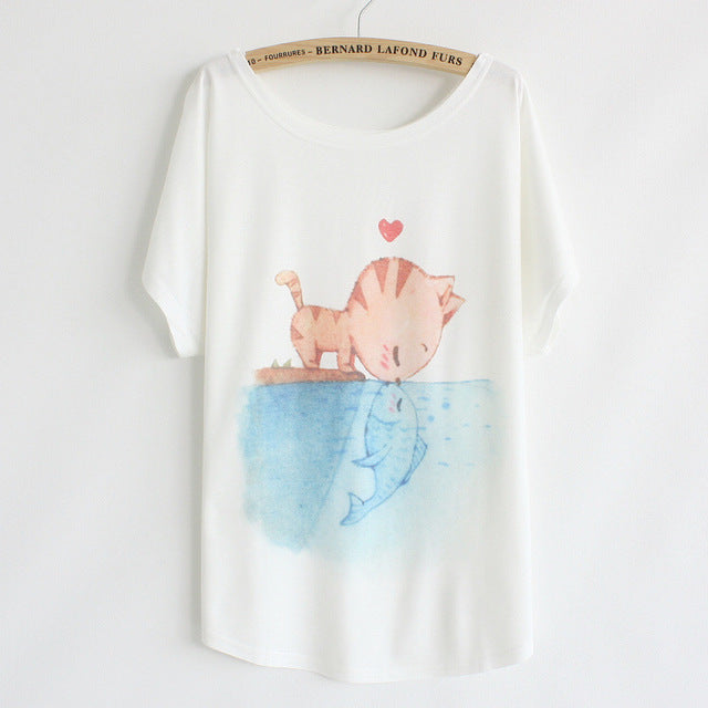 Cat kiss Fish print Top Tees