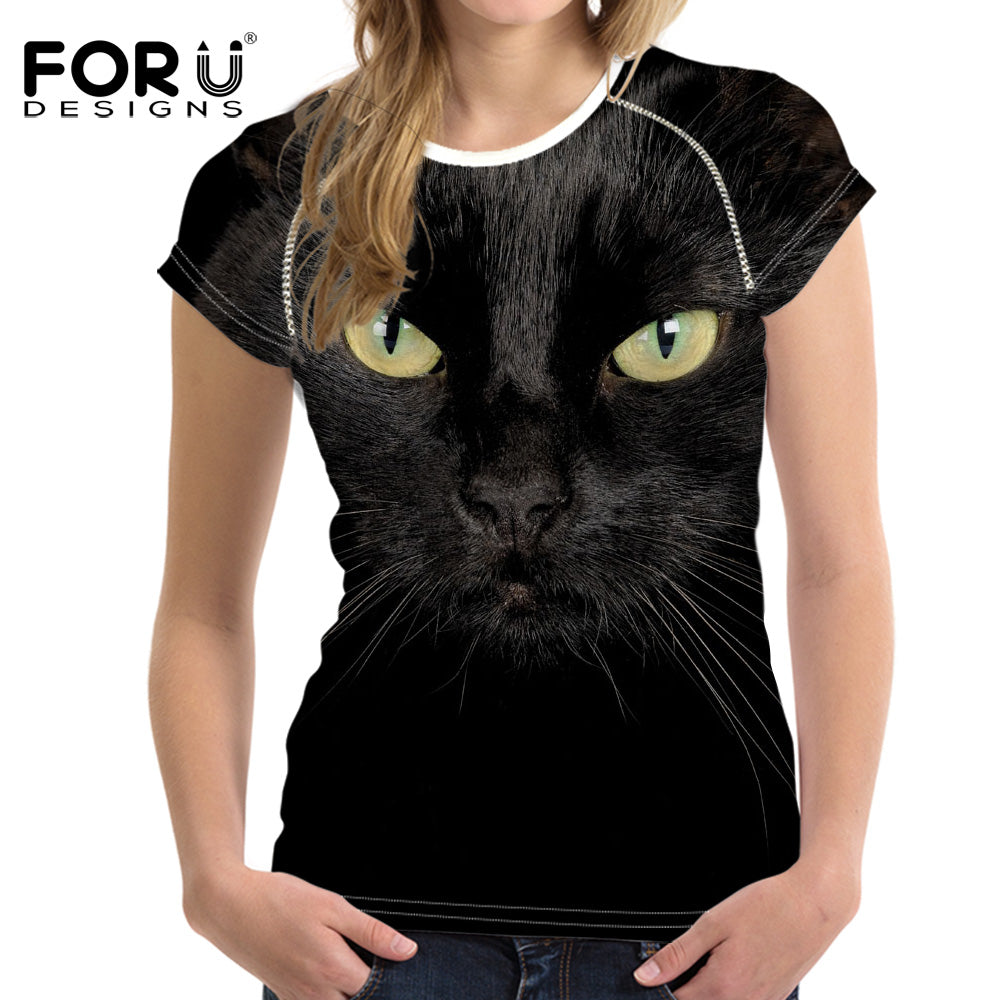 3D Black Cat Female T-shirts for Women