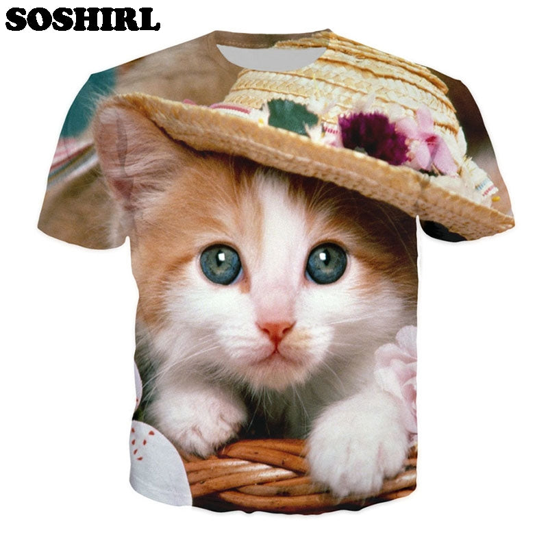 3D All Over Print Funny Straw Hat Cat Top Tees