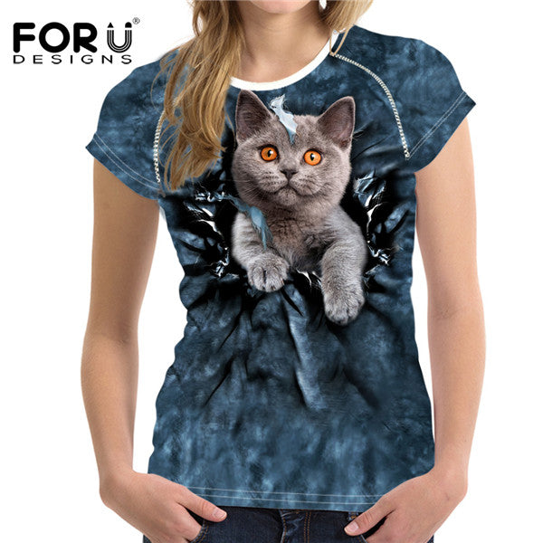 Cute 3D Animal Denim Cat T Shirt for Women
