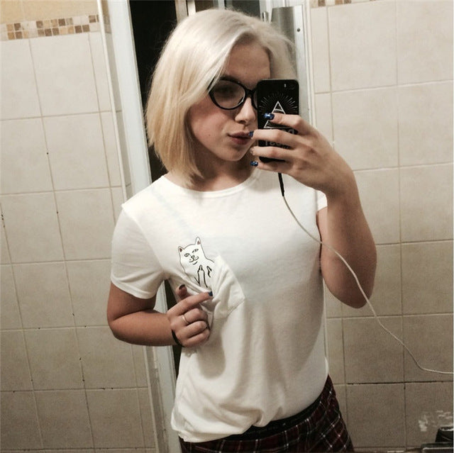 Women Pocket Cat Cute Printing Top Tee