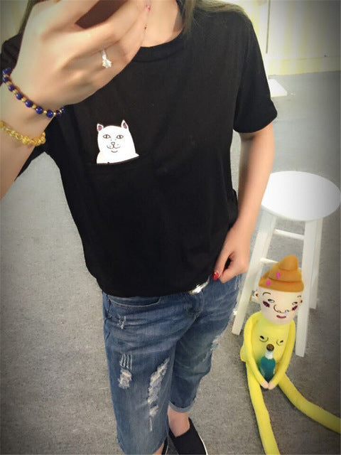 Women Pocket Cat Cute Printing Top Tee