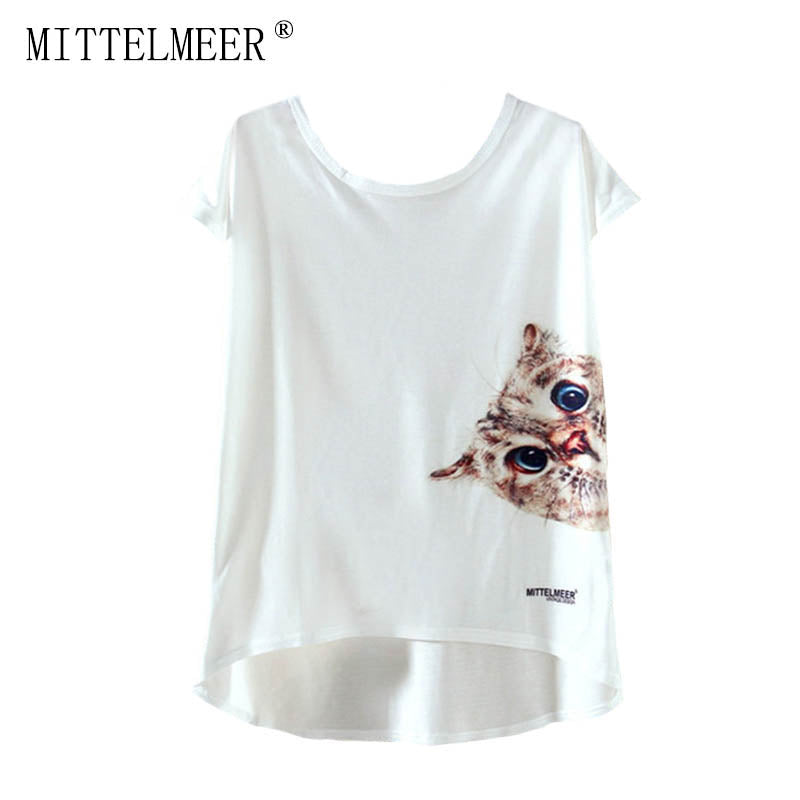 New kawaii Crew Neck Top Short Sleeve Cute cat irregular T-Shirt