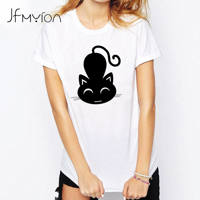 Round neck Short sleeve tee shirt women printed with cat