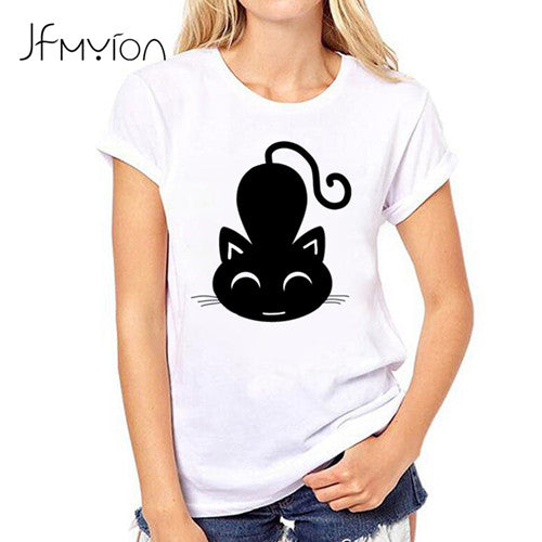 Round neck Short sleeve tee shirt women printed with cat