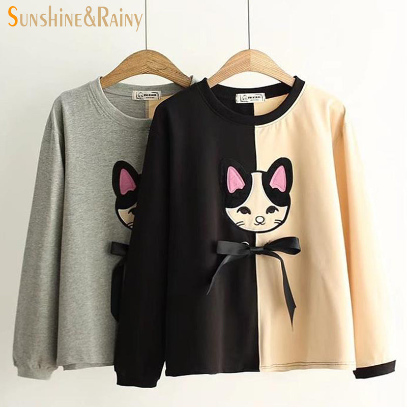 autumn winter Women cartoon cat embroidery T-Shirt