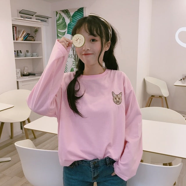 Kawaii Cat Embroidery T Shirt
