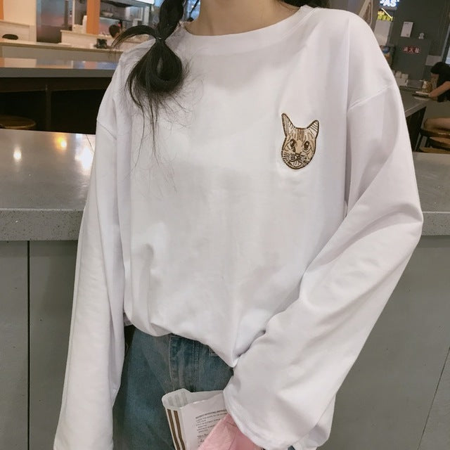Kawaii Cat Embroidery T Shirt