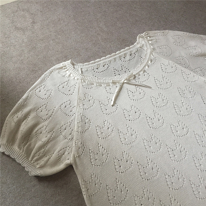 cute princess bow cat hollow white knitting puff sleeve sweater top t shirt