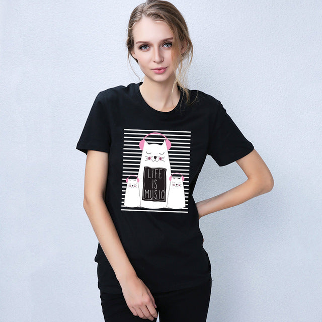 stripe cute music cat DJ t-shirt