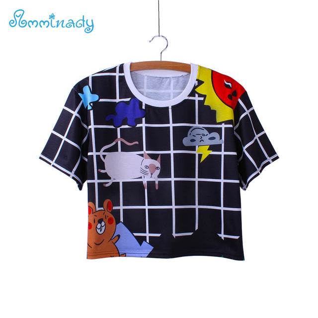 plaid cat white crop tees