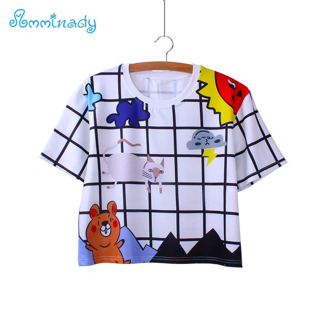 plaid cat white crop tees