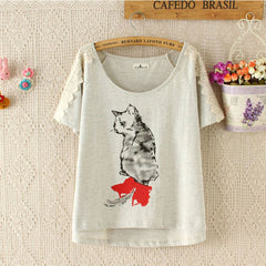 cat printed Cotton Shirts Drop Shoulder Loose ladies patchwork t-shirt