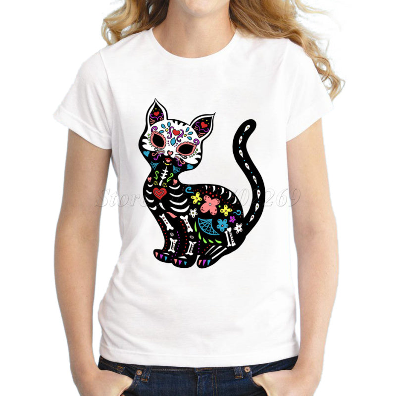 New arrival cat sugar skull design T shirt