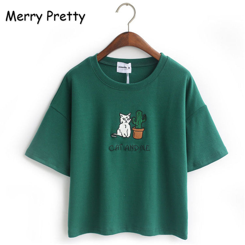 cat embroidery cotton tops shirt