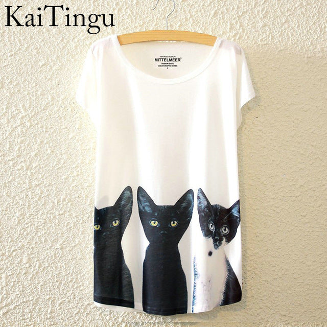 Harajuku Animal Cat Print Shirt O-Neck Short Sleeve T Shirt