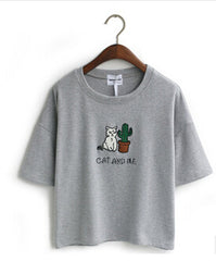 cat embroidery cotton tops shirt