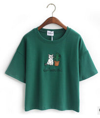 cat embroidery cotton tops shirt