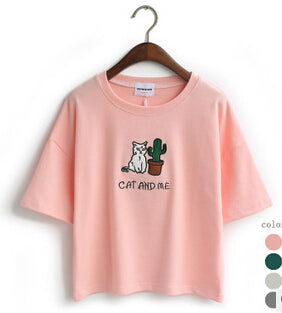 cat embroidery cotton tops shirt