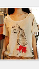 cat printed Cotton Shirts Drop Shoulder Loose ladies patchwork t-shirt