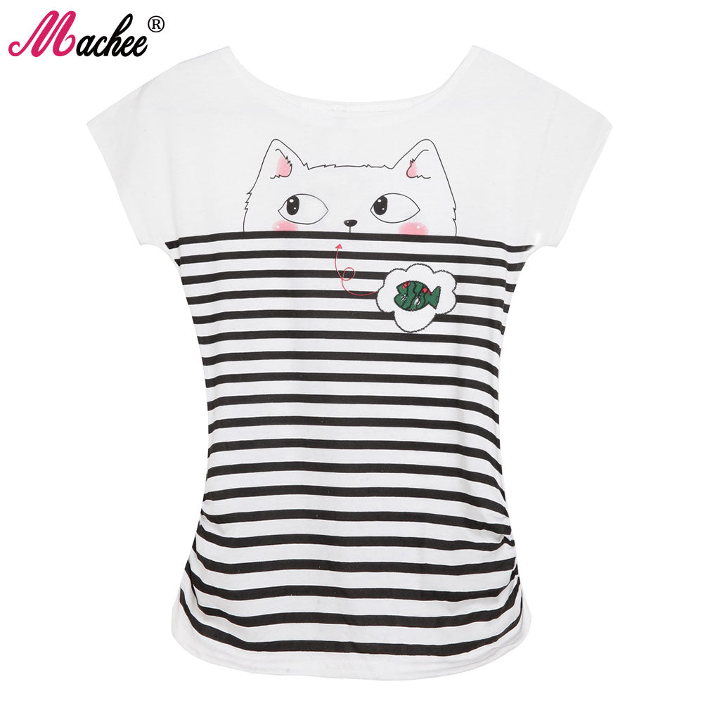 Cotton Short Sleeve Cat Printed Loose Women's Tshirts