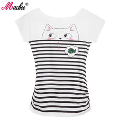Cotton Short Sleeve Cat Printed Loose Women's Tshirts