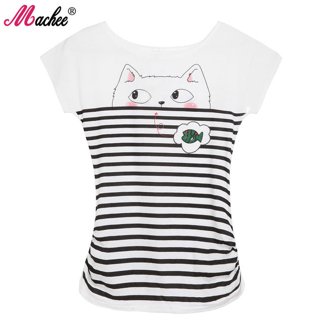 Cotton Short Sleeve Cat Printed Loose Women's Tshirts
