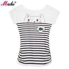 Cotton Short Sleeve Cat Printed Loose Women's Tshirts