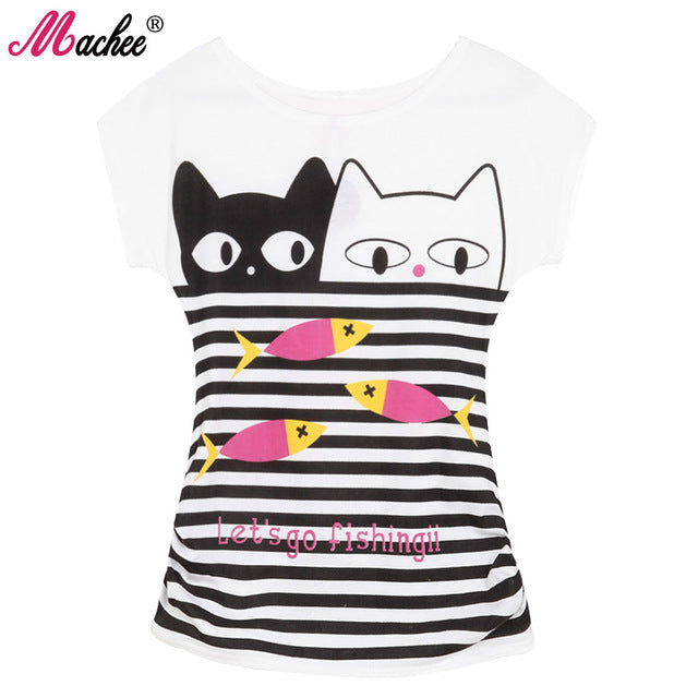 Cotton Short Sleeve Cat Printed Loose Women's Tshirts