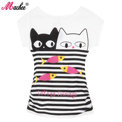 Cotton Short Sleeve Cat Printed Loose Women's Tshirts