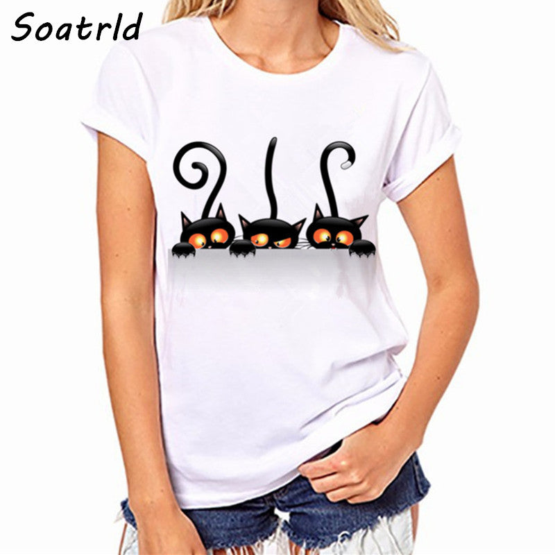 Funny Black Cat Prints Simple casual short sleeve O-neck women's t shirt