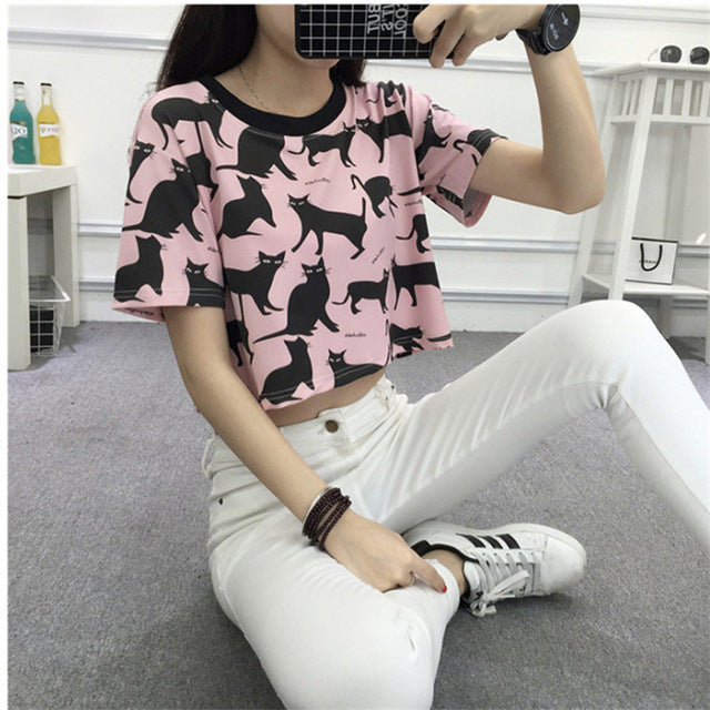 Crop Top Students Cartoon Cat Printed Female T-shirt