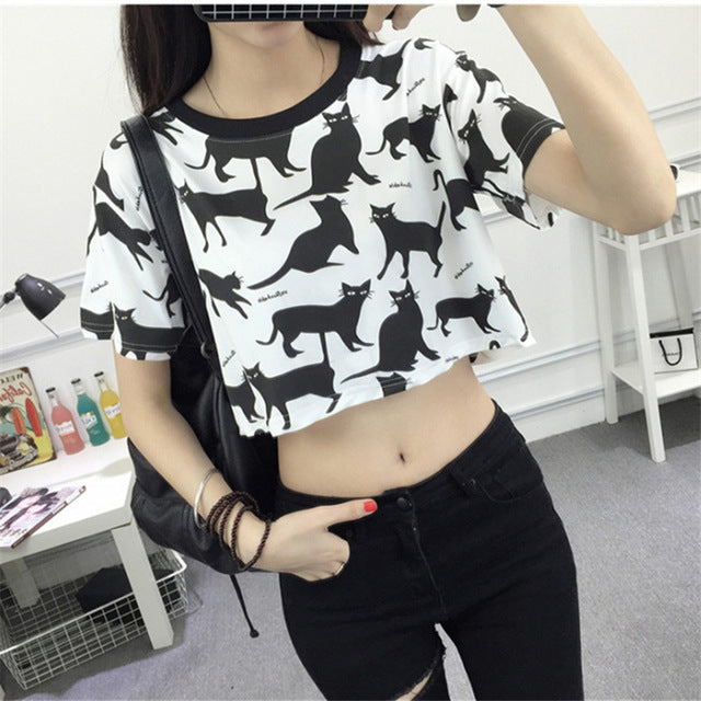 Crop Top Students Cartoon Cat Printed Female T-shirt