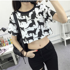 Crop Top Students Cartoon Cat Printed Female T-shirt