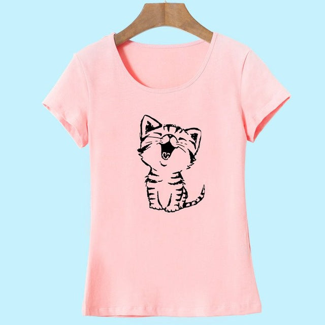 Funny Cat Print and Short Sleeve